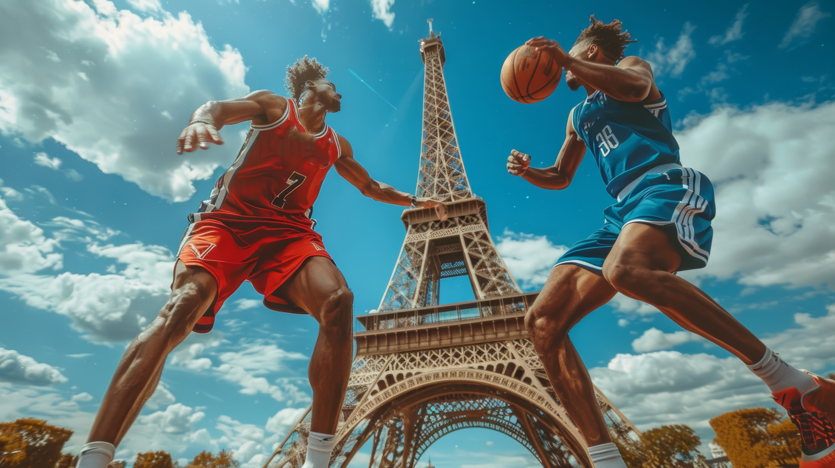 Basketball player and Eiffel tower, Basketball game in France, Olympic games 2024
