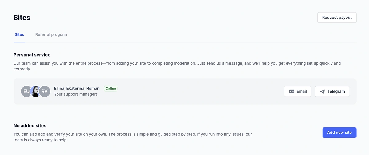Add a new site to RollerAds