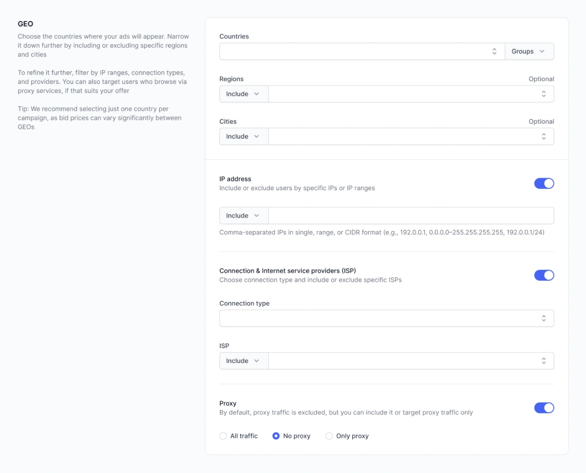 RollerAds flexible targeting options