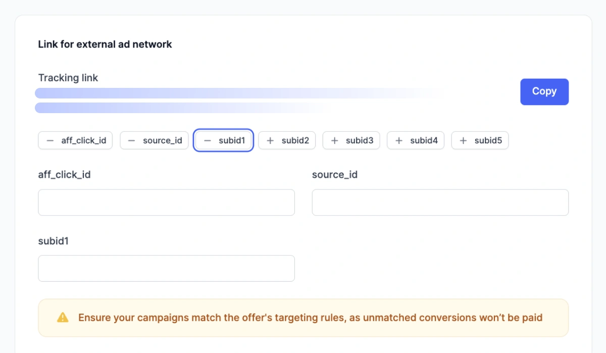 Copy the tracking link for external ad network