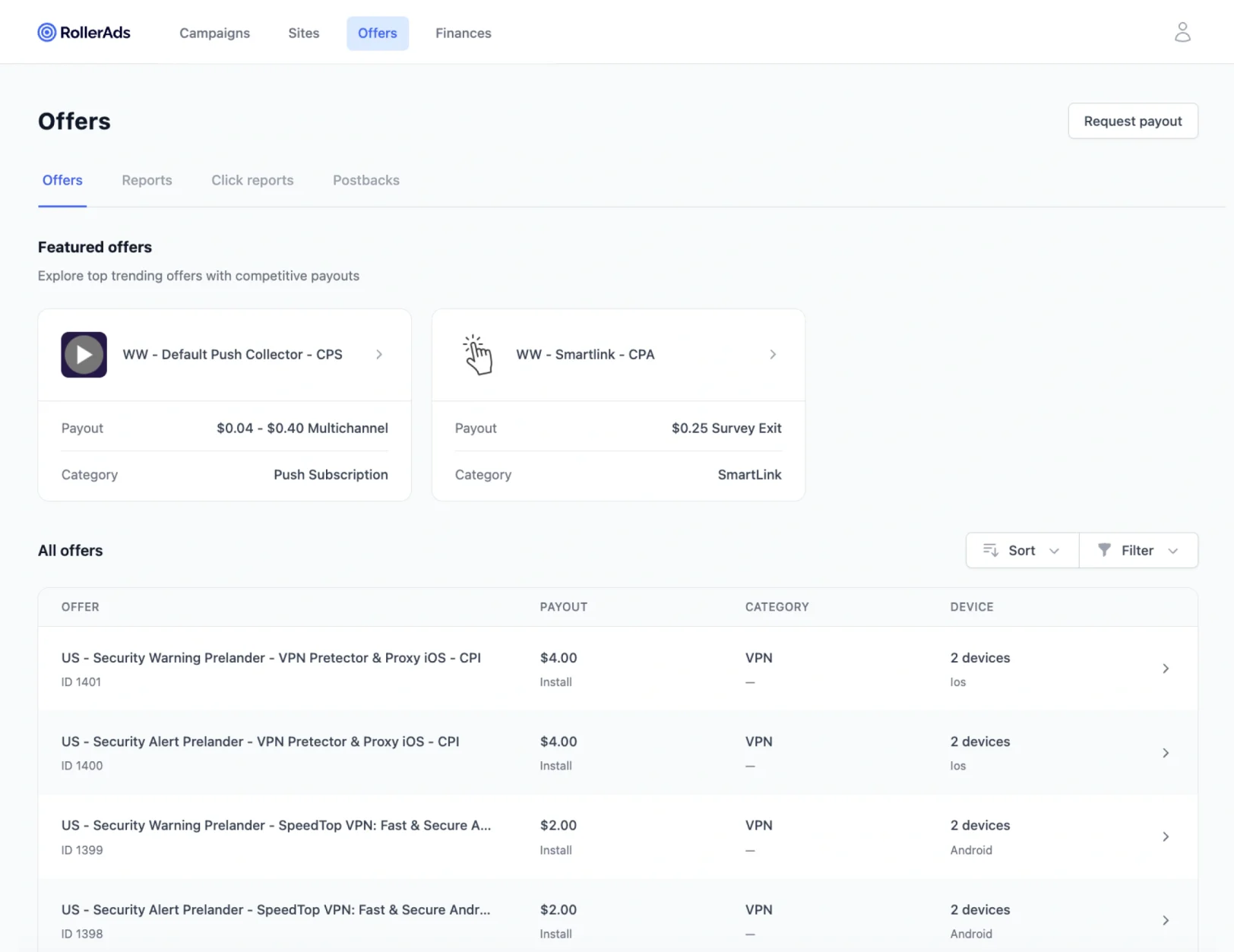 Built-in CPA network right in your RollerAds account.