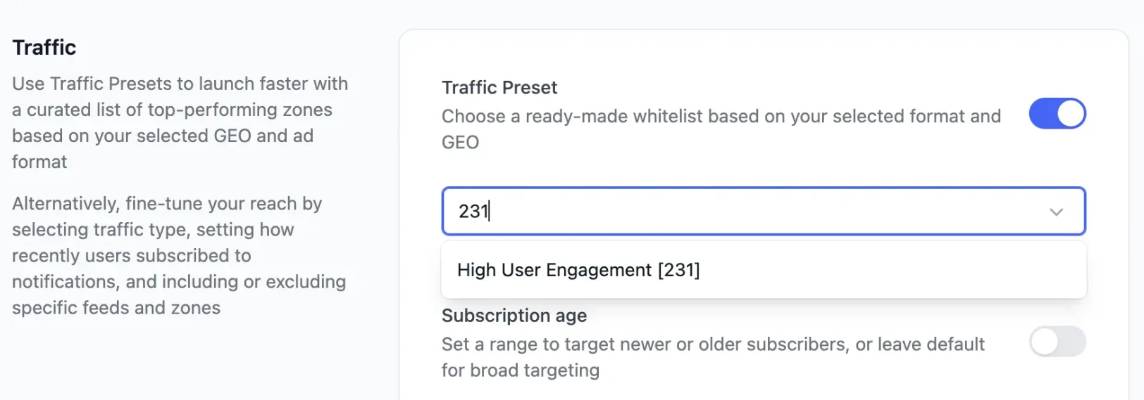 New High User Engagement traffic preset with best-performing zones and feeds.